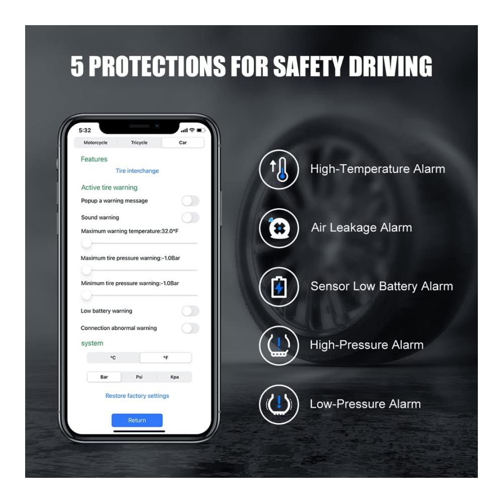 Entwickelte Ersatzsensoren für ultimative Sicherheit! Bluetooth TPMS Reifendrucküberwachungssystem - Kompatibel mit Auto SUV Motorrad ATV Van (3 Räder) - Präzise Überwachung und Warnungen für eine sichere Fahrt - Innovatives Design für maximale Leistung und Zuverlässigkeit - Einfache Installation für sofortige Ergebnisse