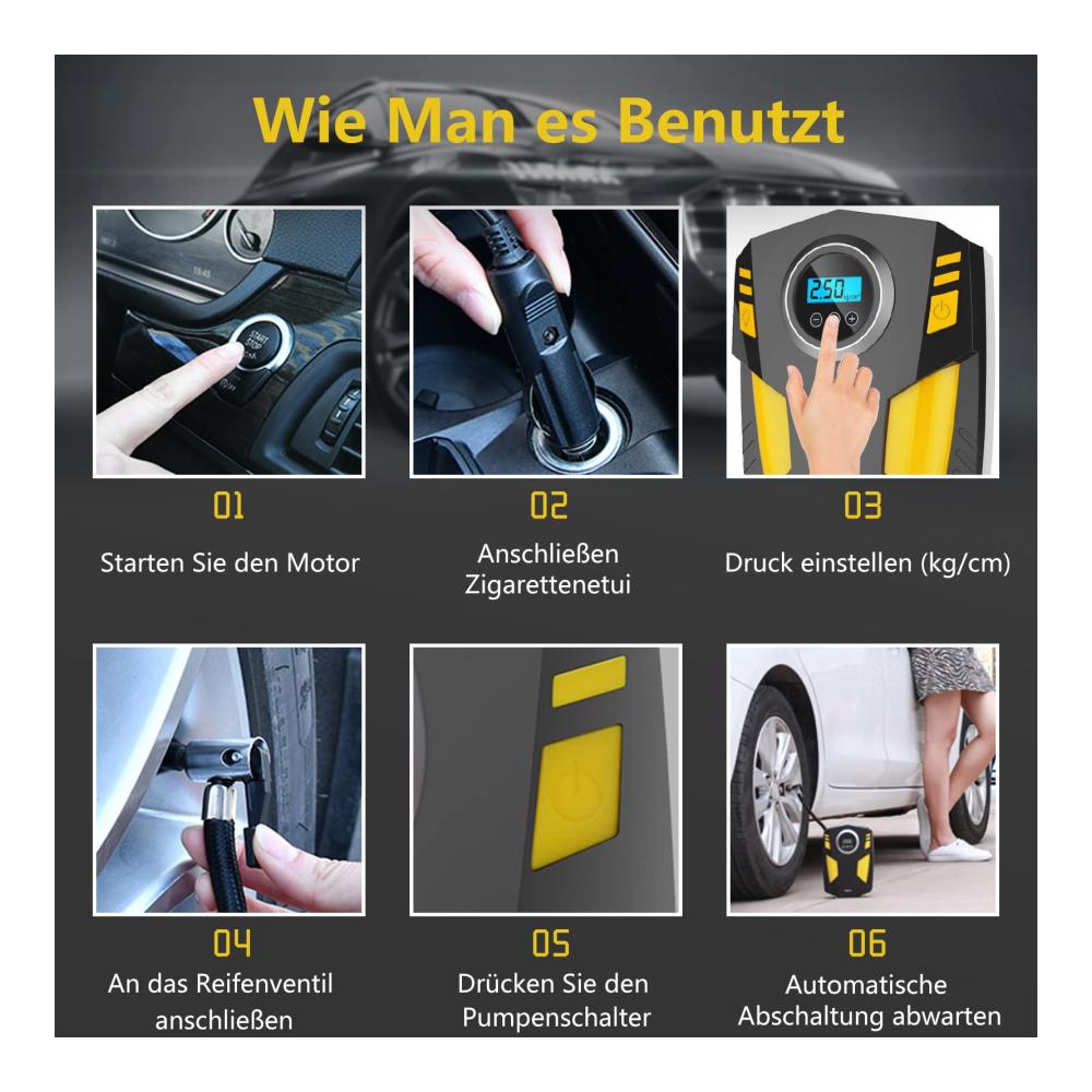 Hochleistungs-Reifendruckkompressor & Pumpe – Tragbare 12V Luftkompressor mit LED-Lichtern und 3 Adaptern für Autoreifen und Aufblasbares – Effizientes Aufpumpen für sicheres Fahren und Freizeitspaß