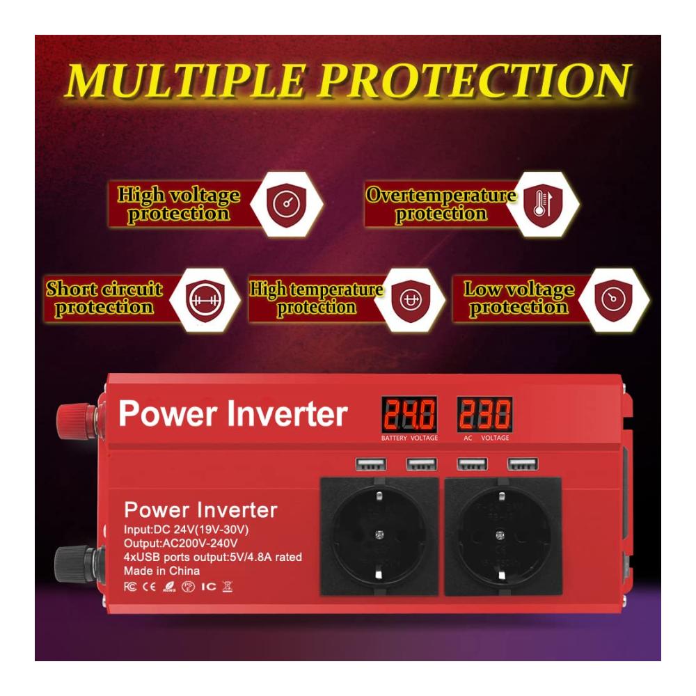 Ultimativer Spannungswandler 24V 230V 800W / 1600W Wechselrichter für zuverlässige Stromumwandlung – Mit 3 Steckdosen 4 USB-Anschlüssen und LED-Spannungsanzeige für maximale Vielseitigkeit und Kontrolle! Ideal für unterwegs und zu Hause