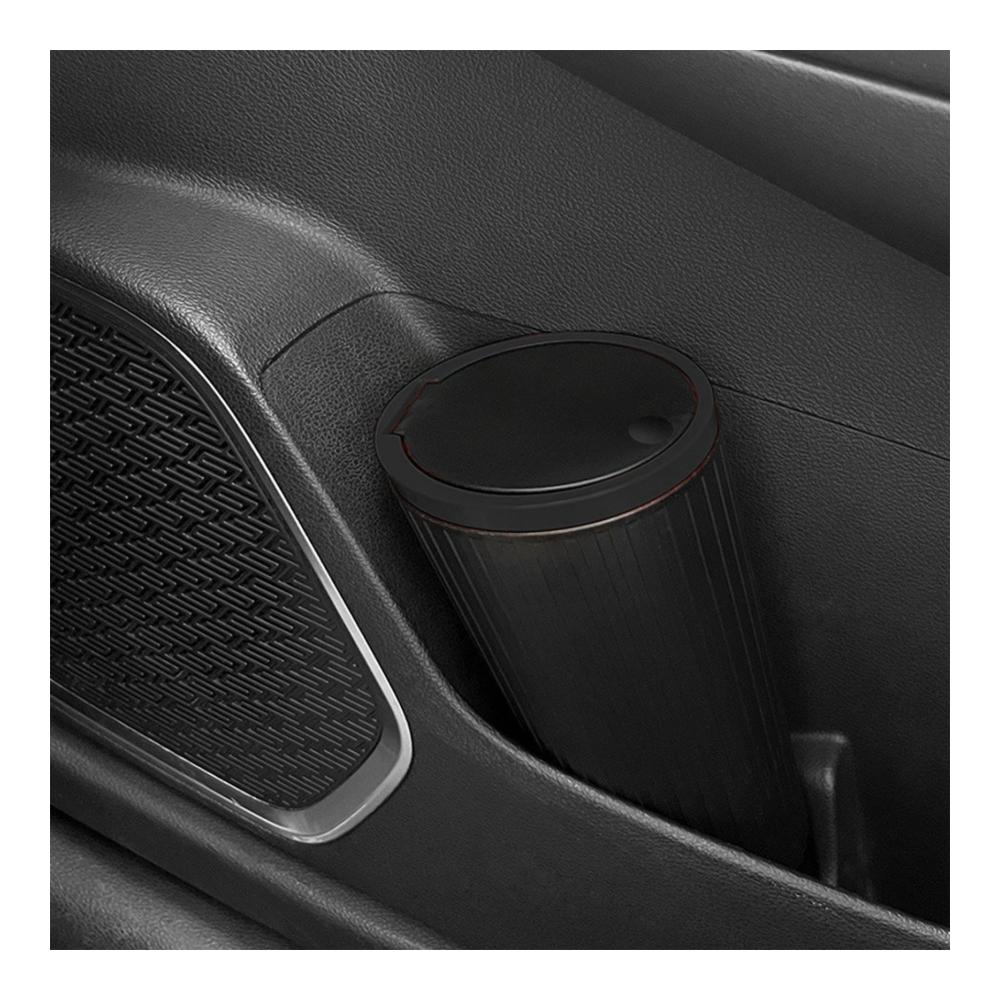 Praktischer Auto Mülleimer mit Deckel und Becherhalter | Mini Abfalleimer für Fahrzeug und Zuhause | Idealer Getränkehalter für unterwegs | Schwarz (01