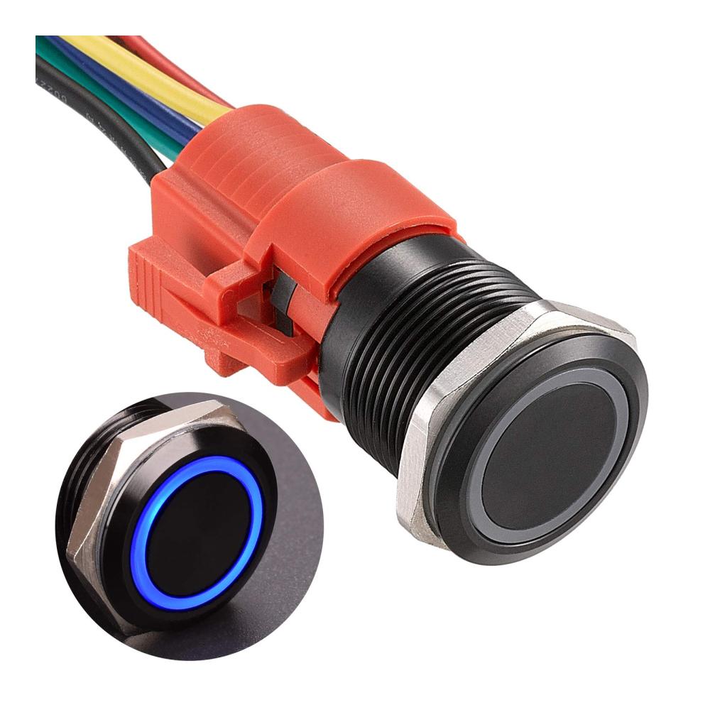 Hochwertiger 19MM Druckschalter mit LED-Ringbeleuchtung – Wasserdichter Latch-Schalter für Auto RV LKW & Boot – Aluminiumlegierung – 12VDC 5A – Blaue EIN/AUS-Taste