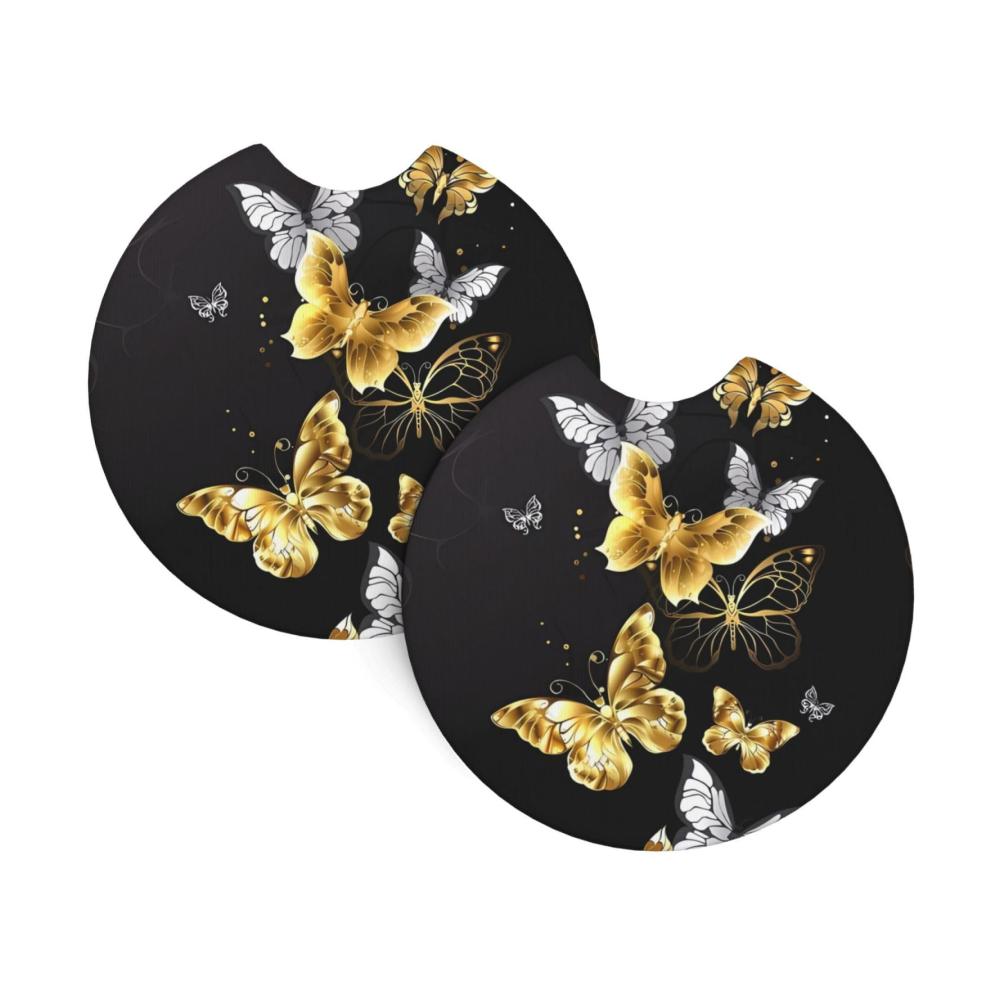 Genießen Sie stilvolle Fahrten mit unseren wasserdichten, rutschfesten Auto-Untersetzern für Getränkehalter! 2er-Set in Gold mit weißen Schmetterlingen und elegantem Schwarz. Perfektes Autozubehör