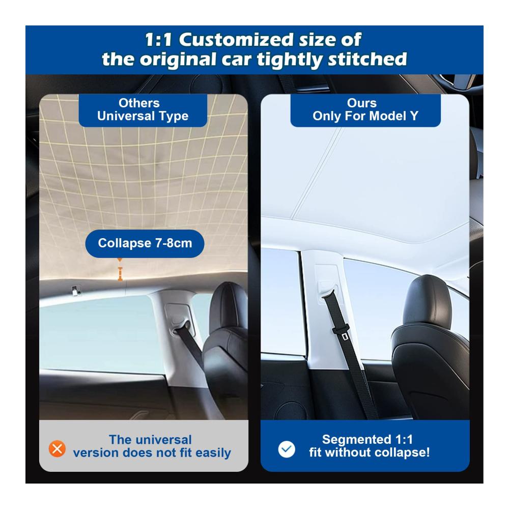 Entdecken Sie den ultimativen Frontscheiben-Sonnenschutz für Ihr Tesla Model Y! Auto Sonnenschutz Abdeckung mit Einrastbarem Einbau Zusammenklappbarkeit und nahtloser Passform. Blockiert effektiv die Sonne inklusive Aufbewahrungstasche. Investieren Sie in besten Glasdach-Schutz