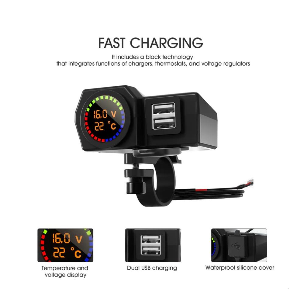 Motorrad USB Ladegerät 5V 3.4A - Hochleistungs-Ladegerät für Motorradlenker - Wasserdichtes Schnellladegerät mit Unabhängigem Schalter und Voltmeter - USB Steckdose Netzteil - Praktisches Motorradzubehör für unterwegs - Lade deine Geräte bequem während der Fahrt - Zuverlässiges Power Adapter für dein Motorradabenteuer