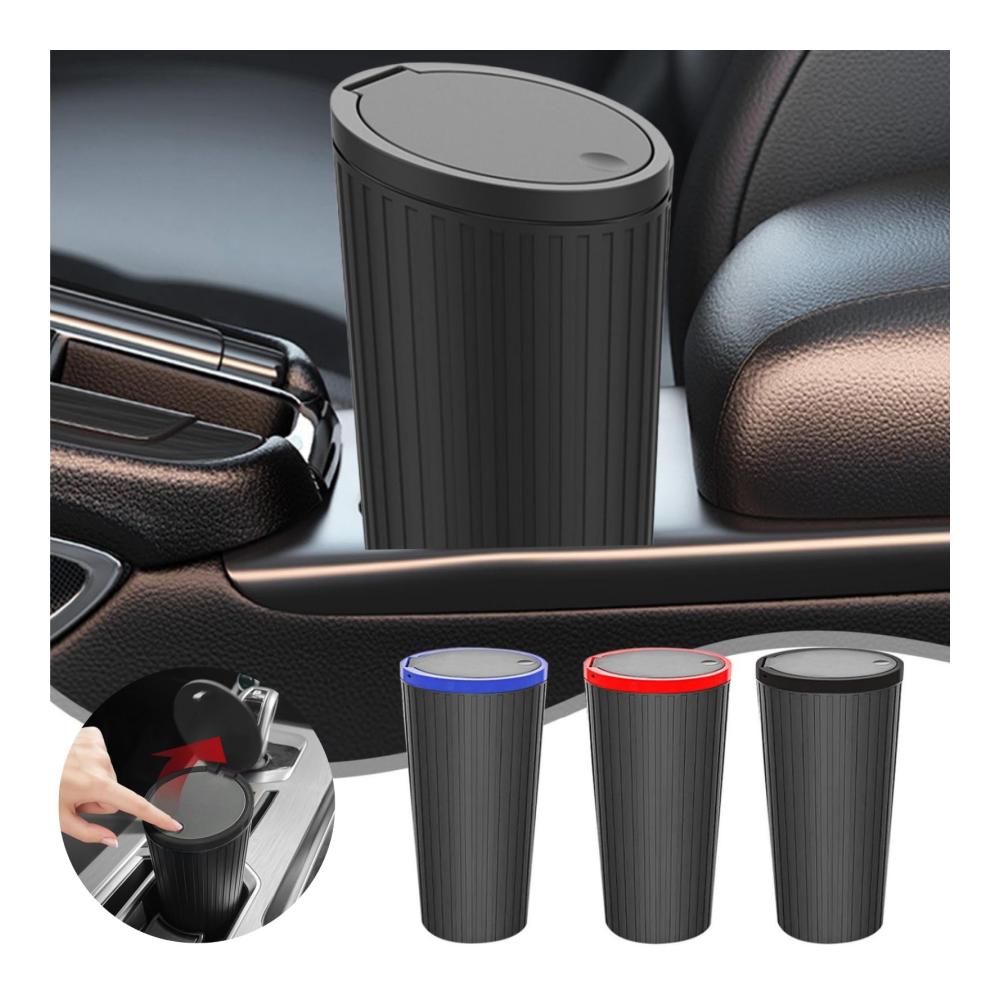 Praktischer Auto Mülleimer mit Deckel und Becherhalter | Mini Abfalleimer für Fahrzeug und Zuhause | Idealer Getränkehalter für unterwegs | Schwarz (01