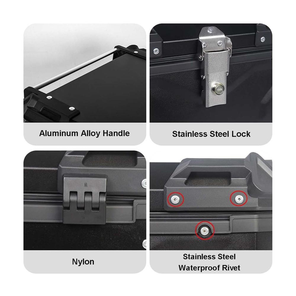 Hochwertige Top-Cases für Motorräder Aluminium Tailbox mit 65L Kapazität Sicherheitsschloss Rücken- und Grundplatten. Ideale Motorradaufbewahrung für maximale Sicherheit und Komfort
