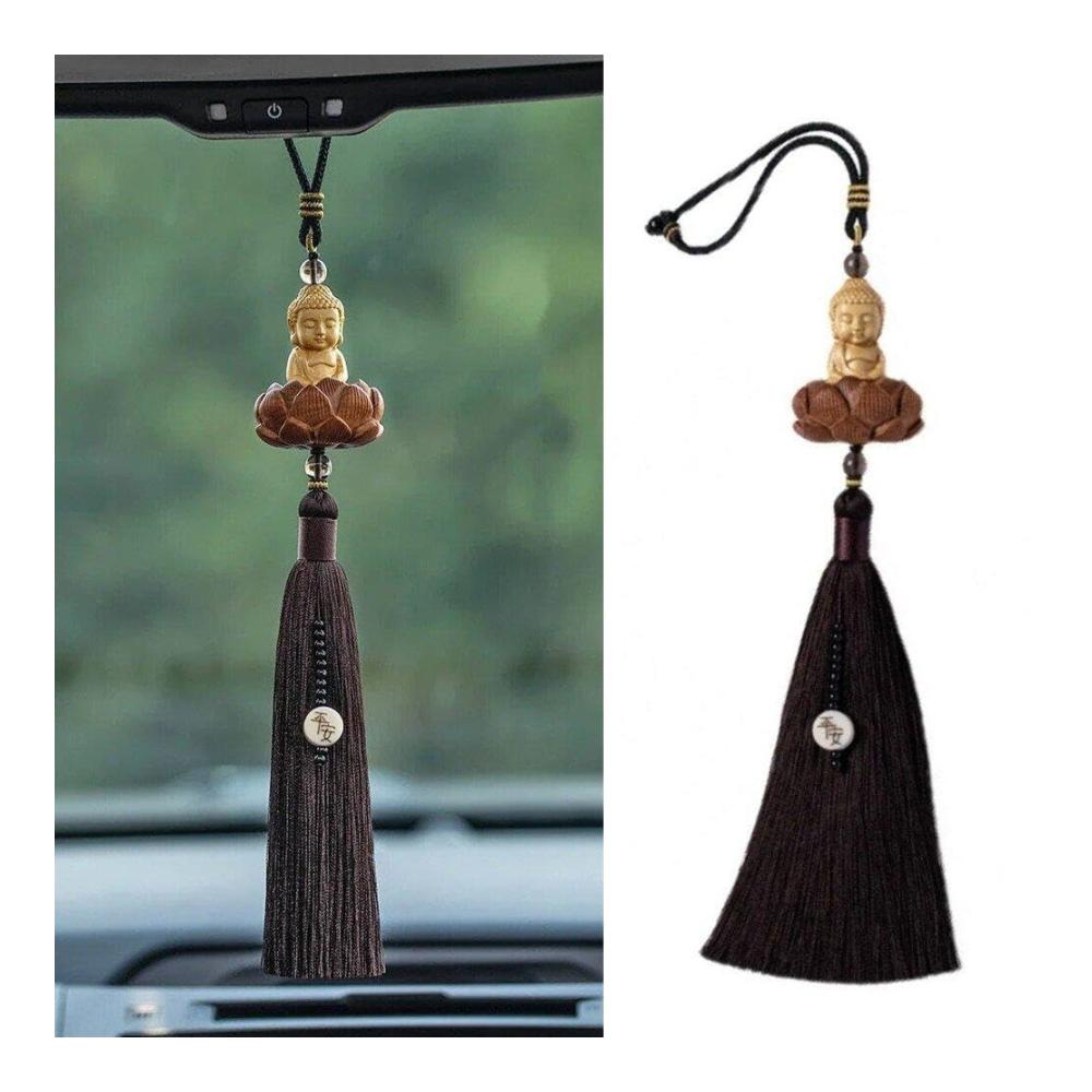 Einzigartiger Innenspiegel Anhänger Buddha Auto Hangszubehör aus Boxholz für Männer und Frauen. Blumen Ornament mit geflochtenem Seil für stilvolles Autofahren