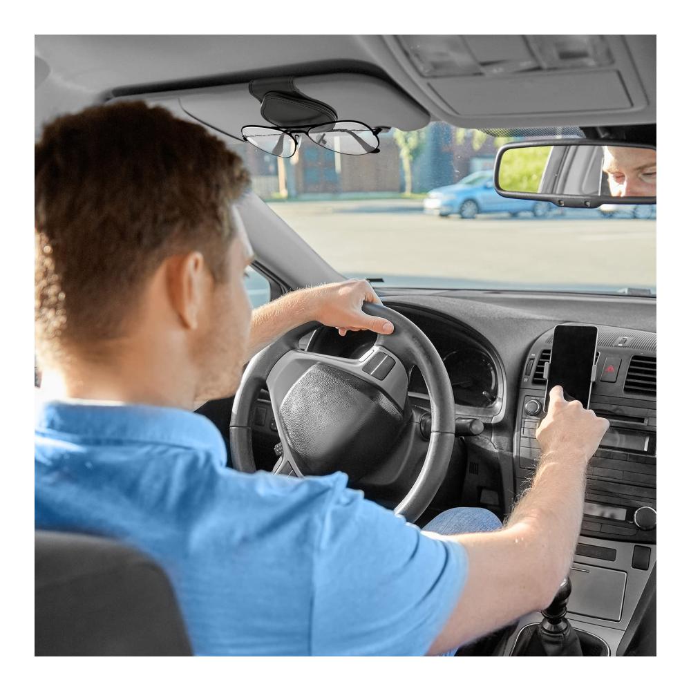Auto Sonnenblende Brillenhalterung Set - Praktisches Zubehör für Sonnenblendenschutz - 2er Packung Sonnenbrillenhalter mit Kartenclip und Etui - Halterung und Organizer für Autofahrer - Schwarz