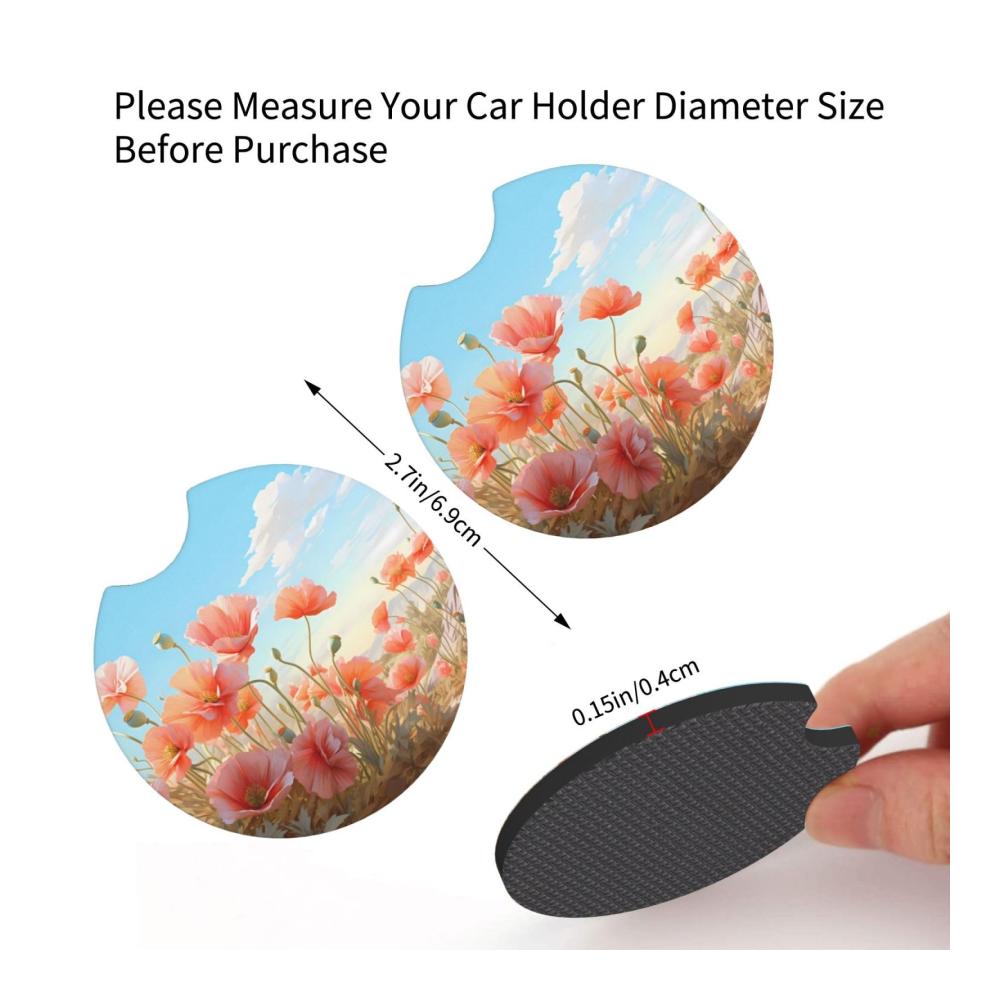 2er Set Getränkehalter fürs Auto | Pastell Mohnblumen Design | Wasserdicht & rutschfest | Langlebiges und stilvolles Zubehör | Praktische Auto-Untersetzer | Ideal für heiße und kalte Getränke