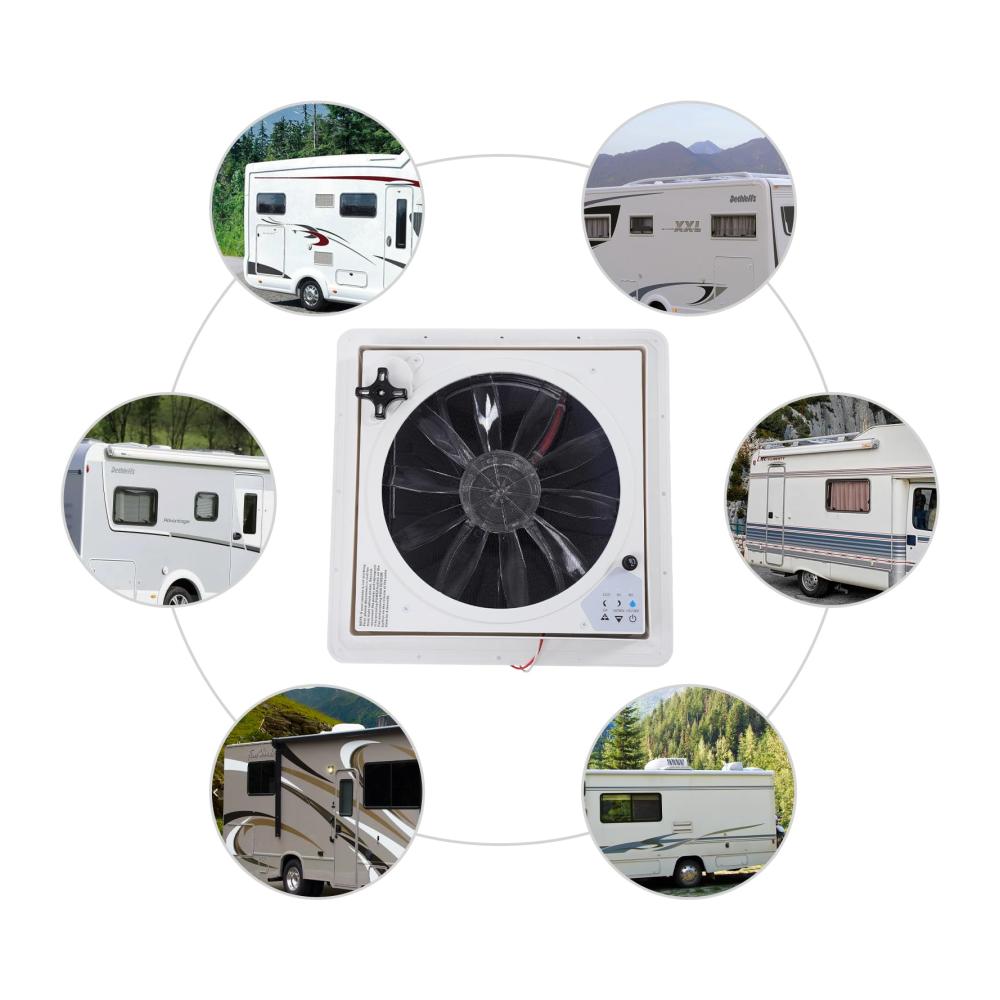Erfrischen Sie Ihr Wohnmobil mit dem leistungsstarken 14-Zoll-Reversiblen Abluftventilator! Extrem geräuscharm dauerhafte Belüftung UV-beständiger Deckel inklusive 12V Remote. Idealer Dachlüfter für unterwegs