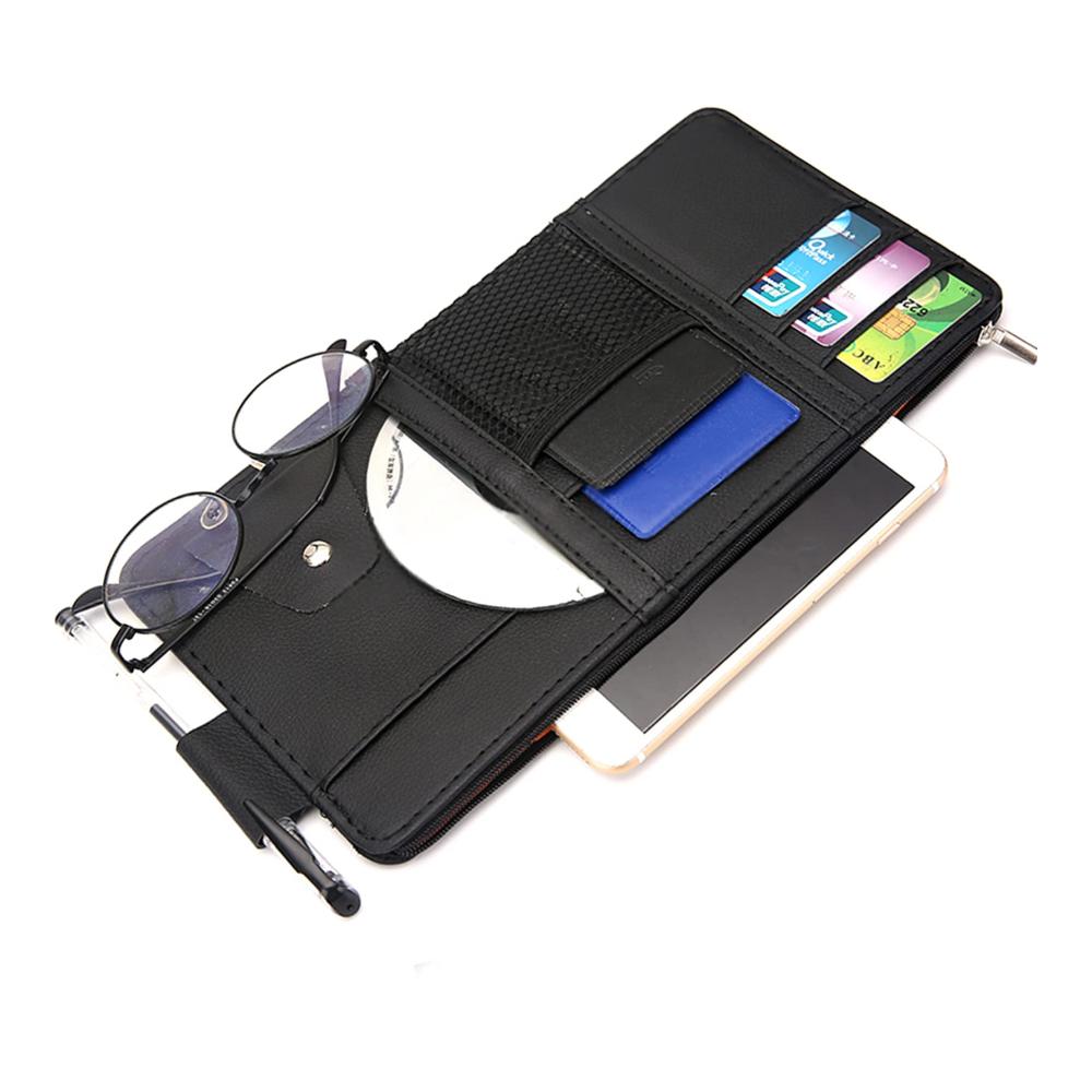 Premium Auto Sonnenblenden Organizer CD-Halter Sonnenbrillen- & Handyhalter aus hochwertigem PU-Leder mit Reißverschluss. Perfektes Auto Innenraum Zubehör für Ordnung und Komfort! (Schwarz