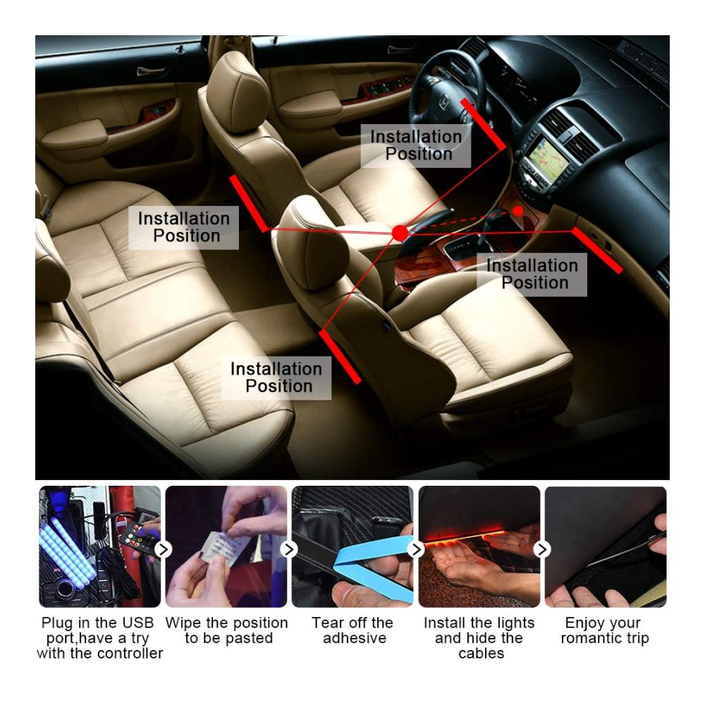 LED Auto Streifen Lichter | Innenbeleuchtung mit 192 LEDs & Fernbedienung | Wasserdicht & Musikaktiviert | USB-Anschluss | 8 Farben & Soundsensor | Auto Dekoration für Atmosphäre & Stimmung | DC 5V