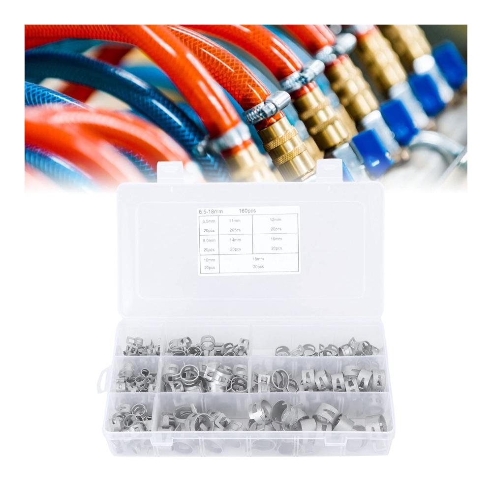 Hochwertiges 160-teiliges Klemmen-Set für Automobile und Rohre | 8 Größen Federband-Schellen mit Box | Ideal für Kraftstoff- und Silikonschläuche | Robuste Niederdruck-Luft-Clip-Klemmen für Vielseitigkeit