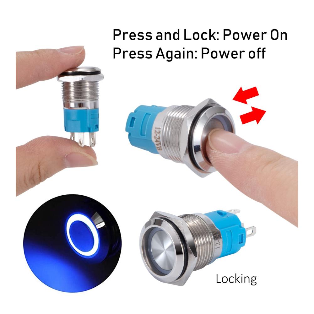 Entdecken Sie Präzision mit unserem Wasserdichten Druckschalter Set! 16mm Taster mit LED 12-24 V 3A. Verriegelungsfunktion 5 Pin Blau Ring LED-Licht. Perfekt für Auto KFZ Boot Motorrad. 5er Pack