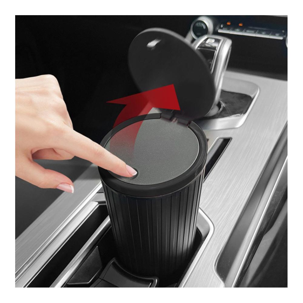 Praktischer Auto Mülleimer mit Deckel und Becherhalter | Mini Abfalleimer für Fahrzeug und Zuhause | Idealer Getränkehalter für unterwegs | Schwarz (01