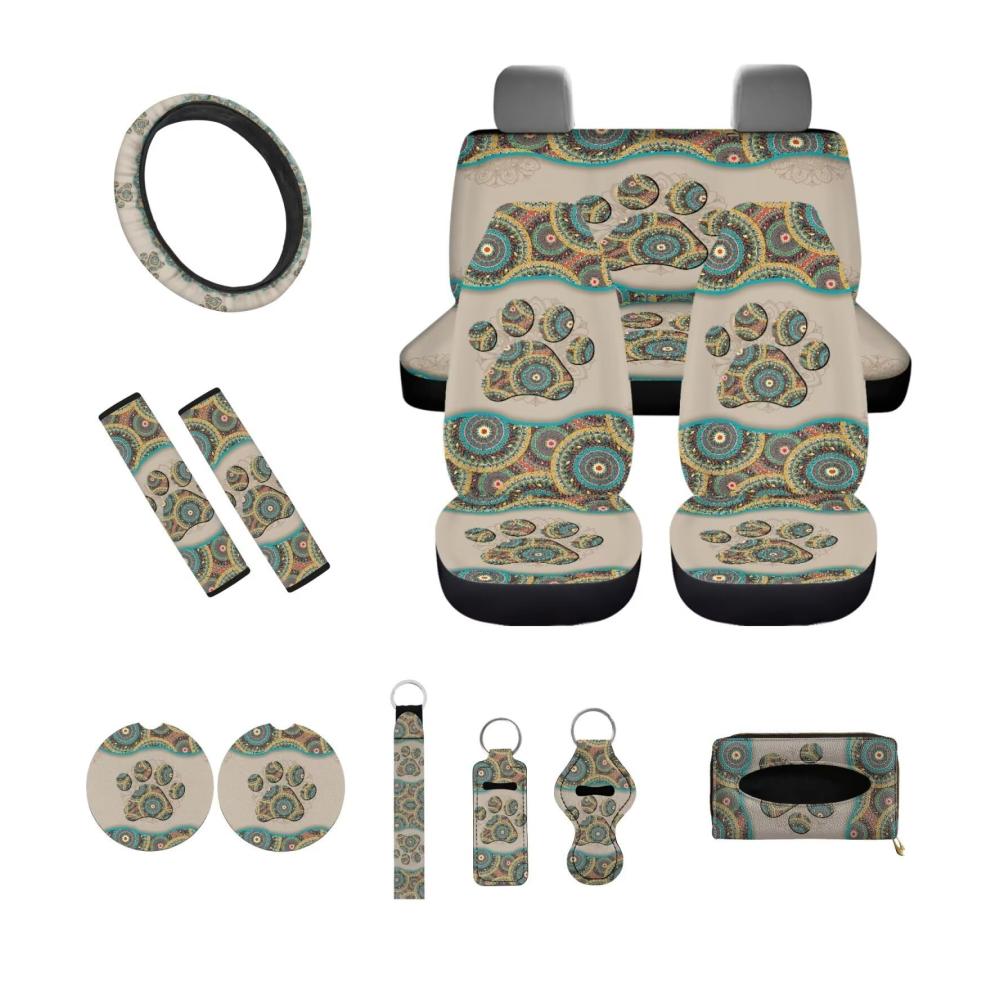 Boho Hundepfoten Sitzbezug Set für Autos | Mandala Blumenmuster | Komplettset für Vorder- und Rücksitze | Schützt vor Schmutz und Kratzern | 13-teiliges Sitzbezügeset