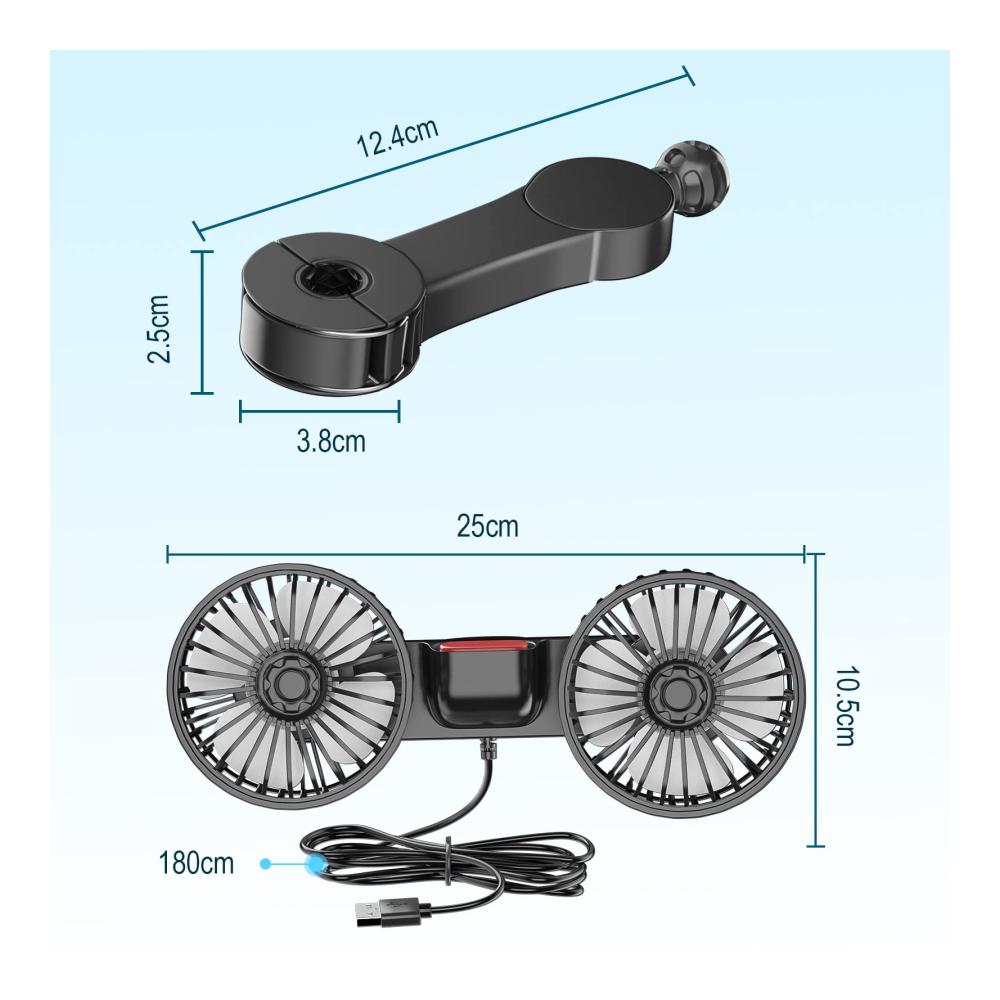 Tragbarer USB-Autolüfter mit Doppelkopf 3 Geschwindigkeiten & 360°-Drehung - Clip-Fan für Limousinen SUVs & Wohnmobile - Ideal für unterwegs