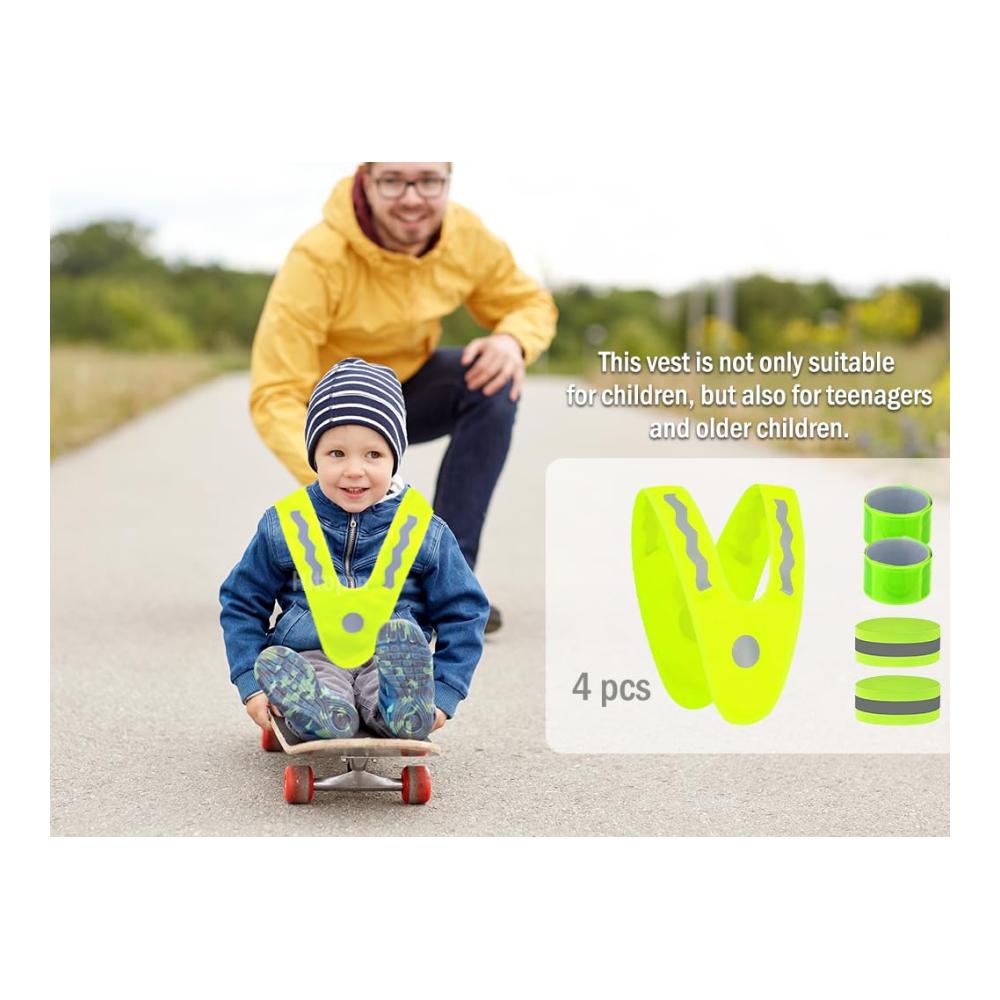 Sicherheitsweste Kinder 4er Pack - Leicht & Reflektierend - V-Form Design für Laufen und Radfahren - Warnwesten für maximale Sichtbarkeit