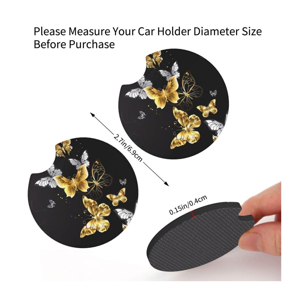 Genießen Sie stilvolle Fahrten mit unseren wasserdichten, rutschfesten Auto-Untersetzern für Getränkehalter! 2er-Set in Gold mit weißen Schmetterlingen und elegantem Schwarz. Perfektes Autozubehör