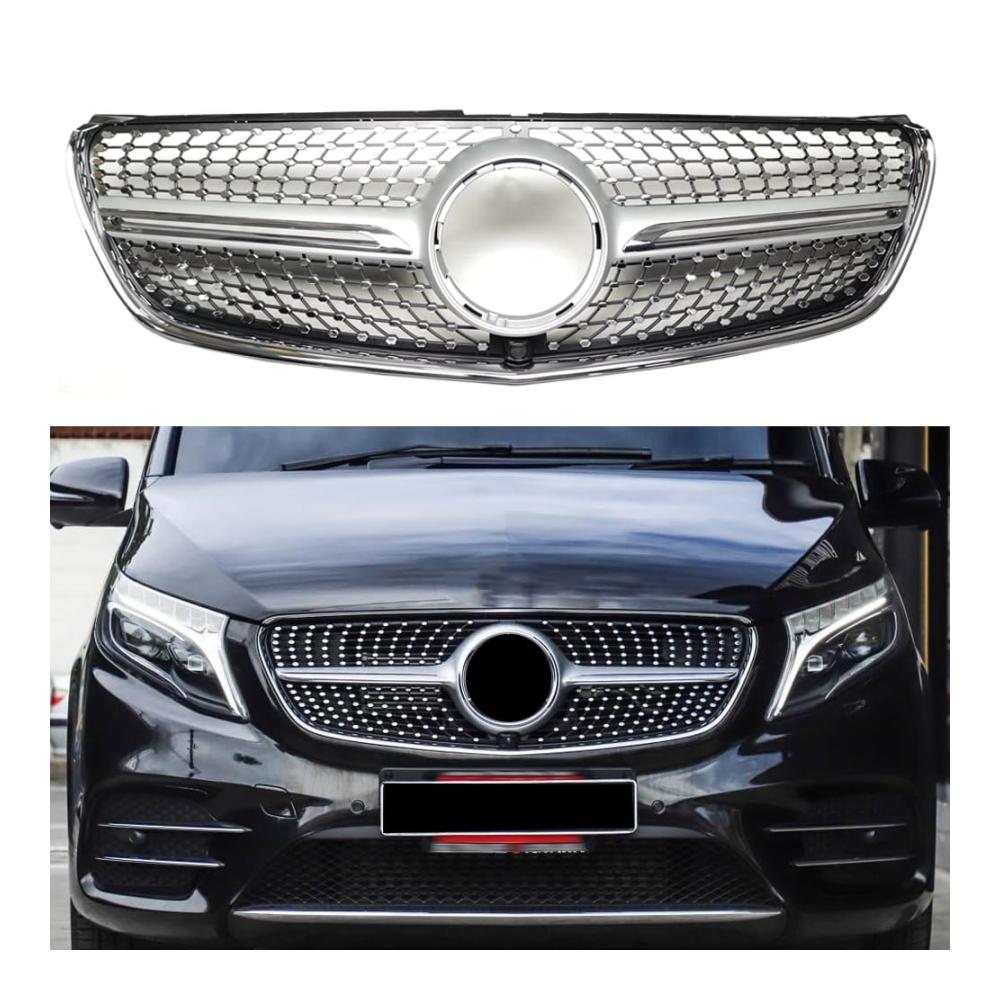 Entdecken Sie Eleganz Diamant-Stil Silber Front- & Kühlergrille für Mercedes Benz V Klasse W447 (V260 V250d V220d V200d) 2015-2018. Stylischer Upgrade mit Kameraoption. Verleihen Sie Ihrem Fahrzeug Klasse und Raffinesse