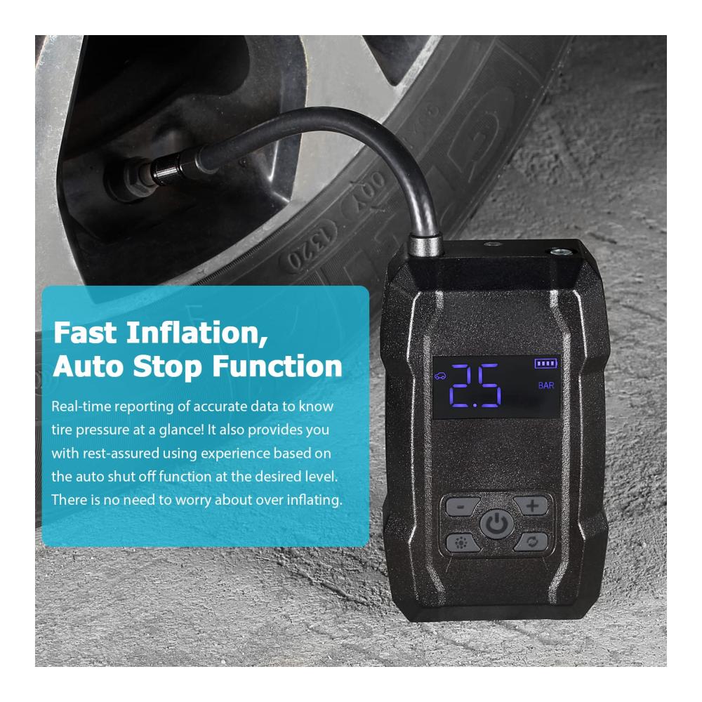 Hochleistungs Reifendruckkompressor & Pumpe Tragbare Luftpumpe 150PSI, Wiederaufladbar & LED-Licht, 6000mAh Akku, Auto-Stopp-Funktion, Voreingestellter Druck, für Auto, Fahrrad & Motorrad. Zuverlässige Mobilitätssicherung