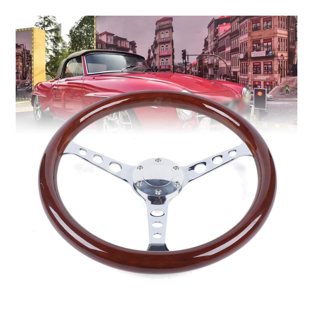 Verbesserte Fahrt Holzlenkrad Auto 5 Zoll 380MM Mahagoni Vintage Lenkrad mit Hupenknopf für Klassische Autos. Premium Holzgriff Edelstahl-Speichen universelles 6-Loch-Design. Jetzt upgraden