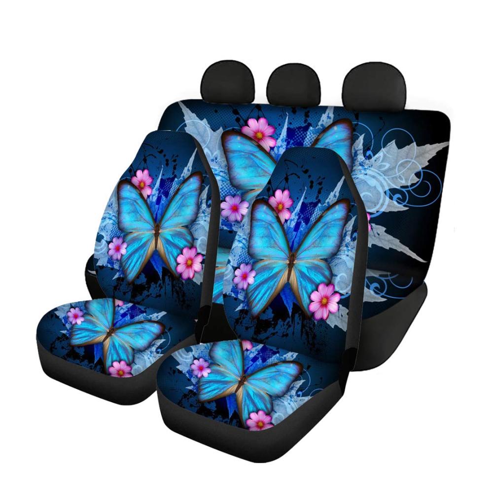 Blauer Schmetterling mit Blumenmuster.