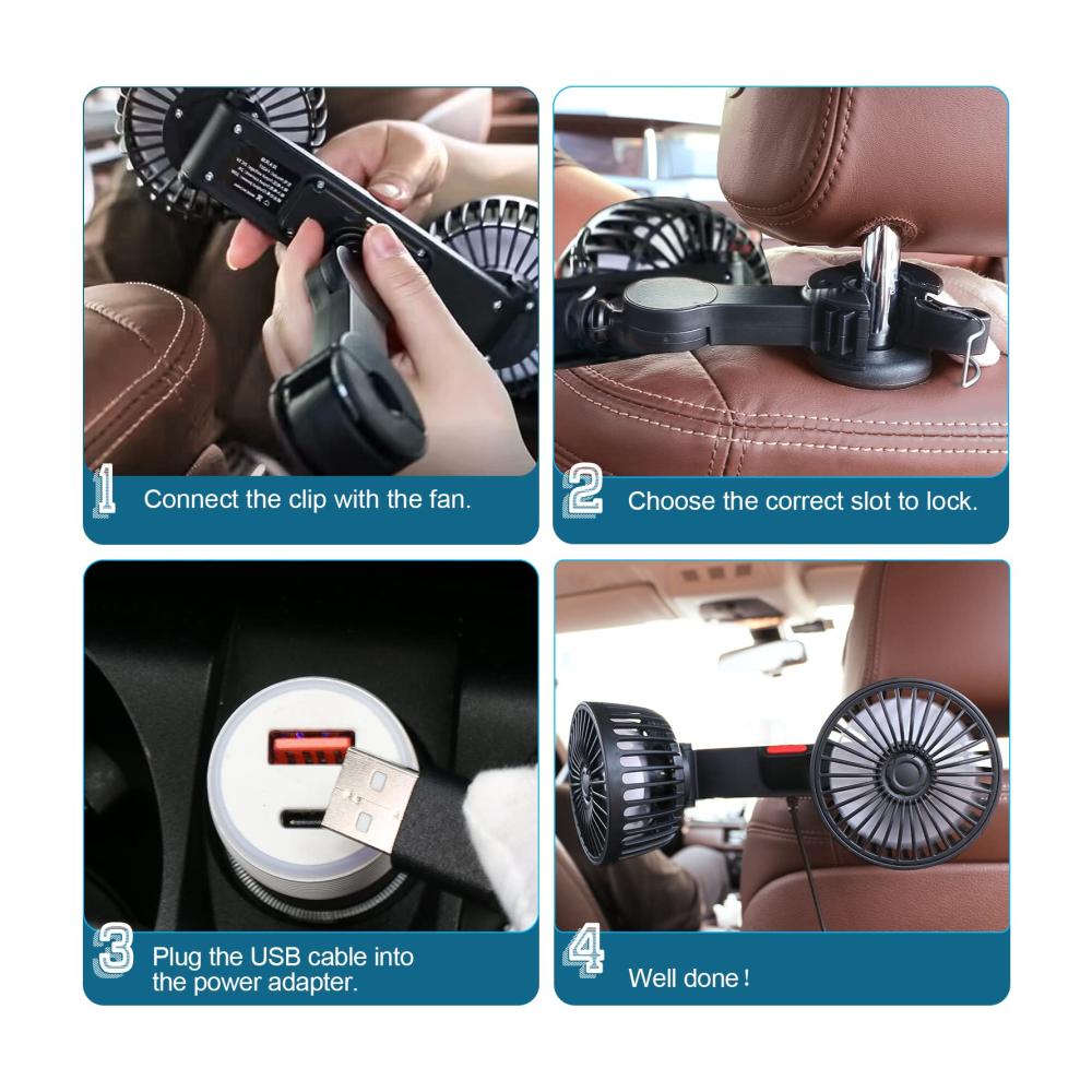 Tragbarer USB-Autolüfter mit Doppelkopf 3 Geschwindigkeiten & 360°-Drehung - Clip-Fan für Limousinen SUVs & Wohnmobile - Ideal für unterwegs