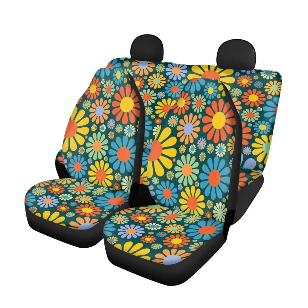 Schützen Sie Ihre Autositze mit Stil! Hippie-Blumenmuster Sitzbezügeset für Frauen - 4-teiliges Set bunte Blumen inklusive Kissen. Erfrischen Sie Ihr Auto jetzt