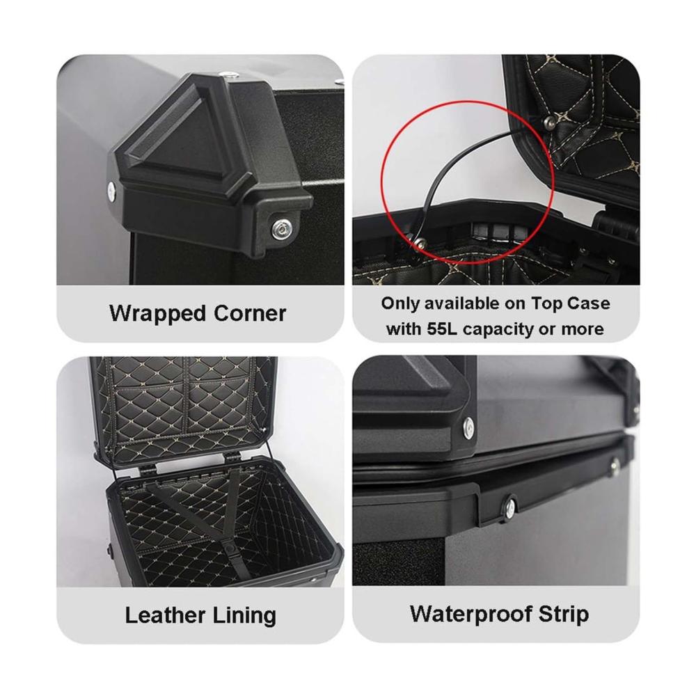 Hochwertige Top-Cases für Motorräder Aluminium Tailbox mit 65L Kapazität Sicherheitsschloss Rücken- und Grundplatten. Ideale Motorradaufbewahrung für maximale Sicherheit und Komfort