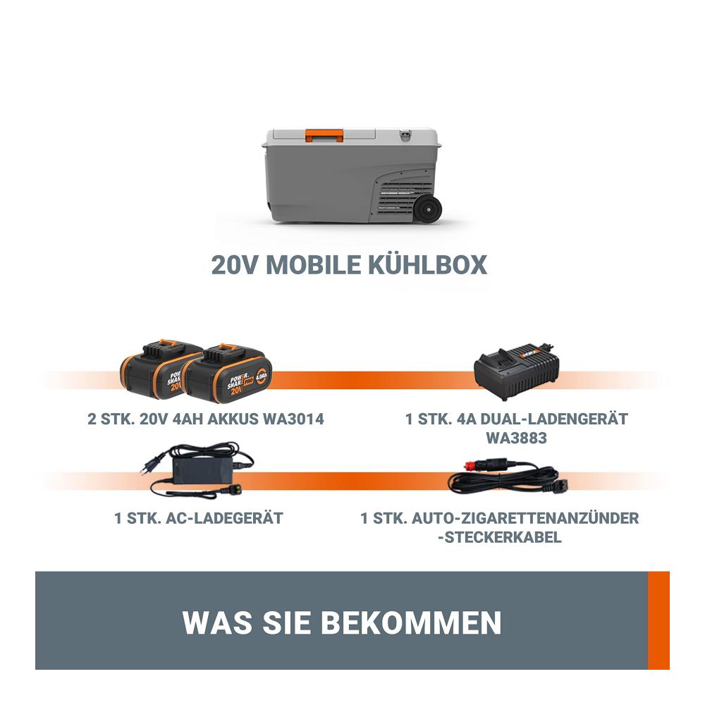Kühlbox 23L für Unterwegs 18V (20V MAX) Mobile Kühlbox WX876 mit PowerShare 20V AC/DC-Anschluss -20℃-20℃ ideal für Baustelle Camping & Autofahrt – Zuggriff & Rad inklusive