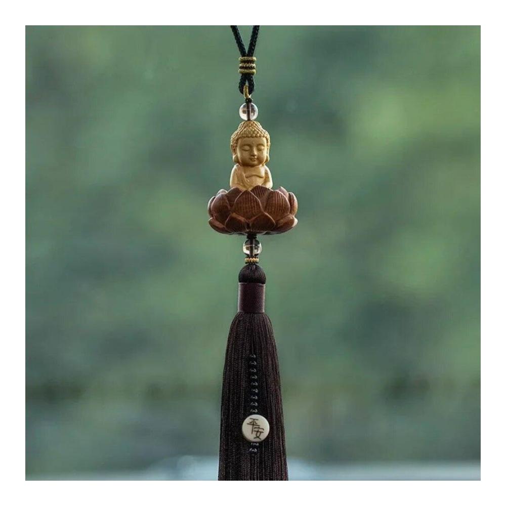 Einzigartiger Innenspiegel Anhänger Buddha Auto Hangszubehör aus Boxholz für Männer und Frauen. Blumen Ornament mit geflochtenem Seil für stilvolles Autofahren