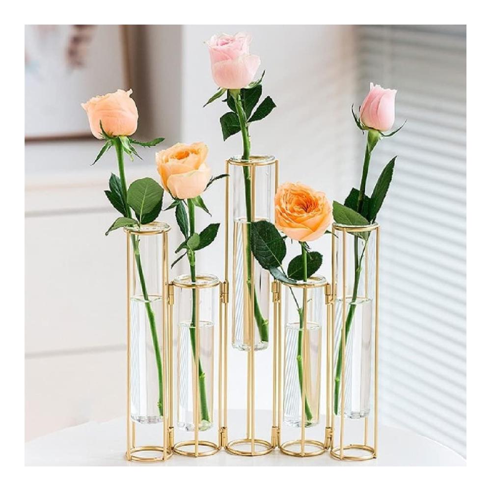 Schutzleisten Moderne Reagenzglasvase mit Metallrahmen - Ideale Scharniervasen für Tafelaufsätze - Glasblumenvase für Tischdekoration mit 5 Reagenzgläsern - Knospen-Display-Set für stilvolle Hochzeitsdekoration zu Hause