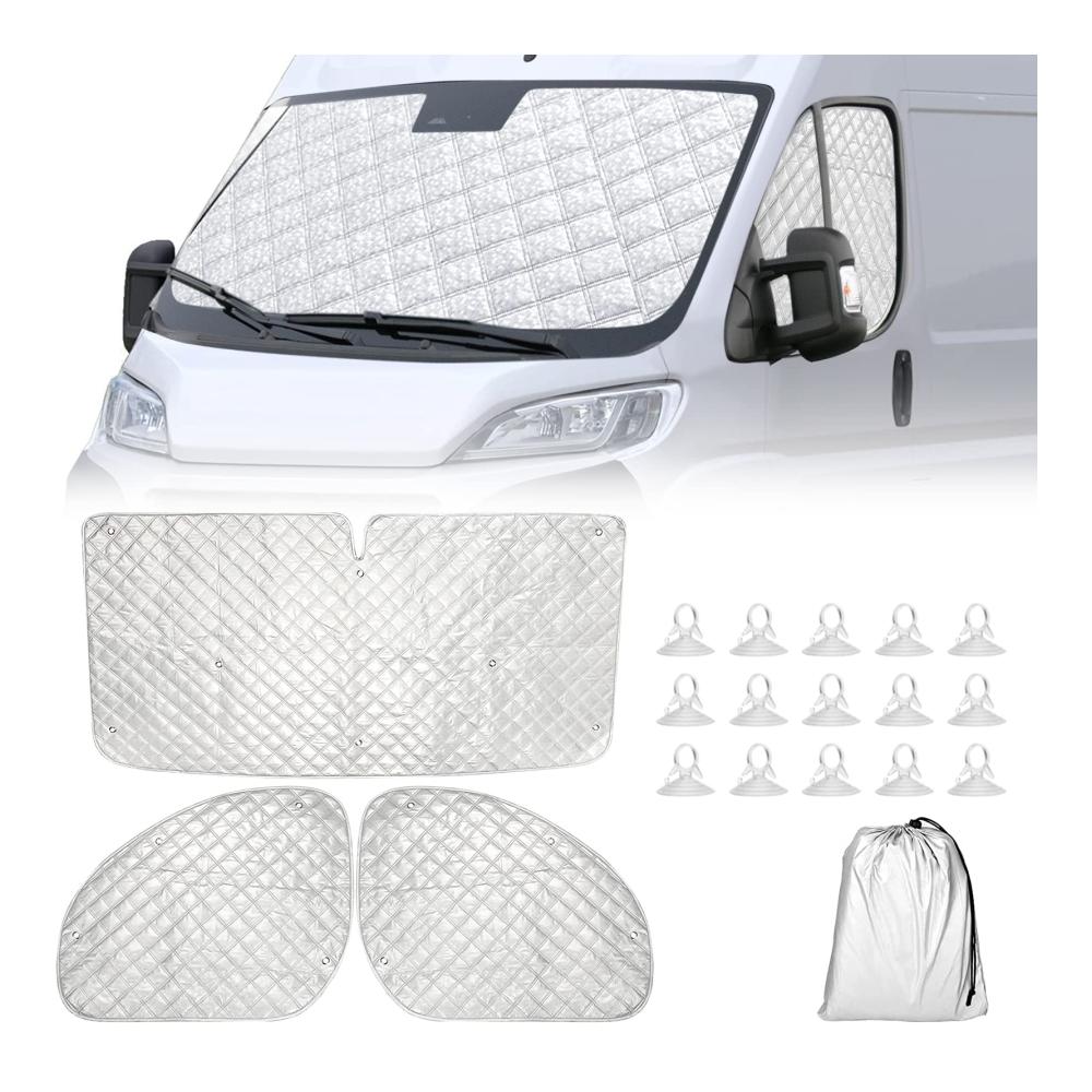 Hochwertige 3-teilige Frontscheibenabdeckung für FIAT Ducato 2006-2021 | Sonnenblende & Thermomatten Set | Effektive Isolierung & Schutz | Präzise Passform | Schützen Sie Ihre Windschutzscheibe jetzt