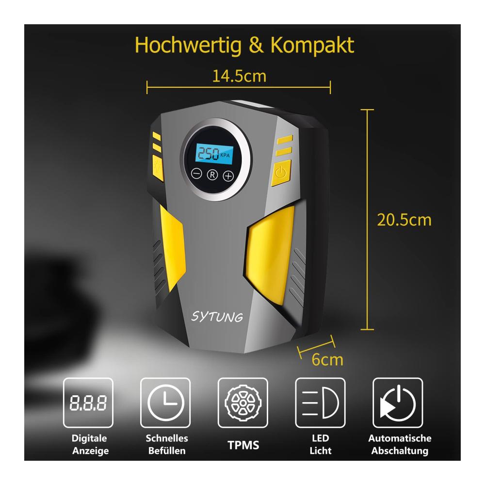 Hochleistungs-Reifendruckkompressor & Pumpe – Tragbare 12V Luftkompressor mit LED-Lichtern und 3 Adaptern für Autoreifen und Aufblasbares – Effizientes Aufpumpen für sicheres Fahren und Freizeitspaß