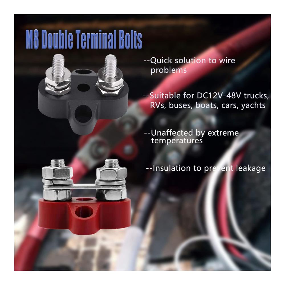 Qazuwa Anschlussbolzen 2er Set M8 5/16 Dual Terminal Stud mit Schrauben | Hochwertige Verbindungselemente für 12-48V LKWs, Wohnmobile & Boote | Robuste Bolzen, Muttern & Schrauben (Rot/Schwarz