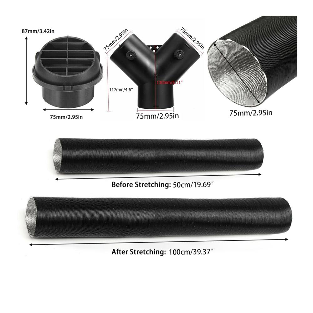 Optimale Wärmeleistung Heizschläuche für Standheizung inkl. 75mm Entlüftungsschlauch Warmluftauslass & Abgasschlauch Clips. Perfektes Zubehör für Dieselheizungen mit Y-Abzweigrohr. Jetzt erhältlich