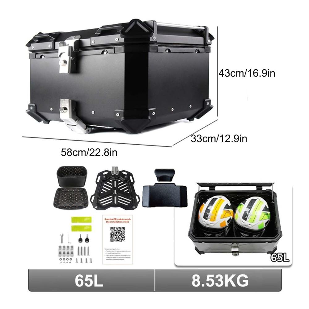 Hochwertige Top-Cases für Motorräder Aluminium Tailbox mit 65L Kapazität Sicherheitsschloss Rücken- und Grundplatten. Ideale Motorradaufbewahrung für maximale Sicherheit und Komfort