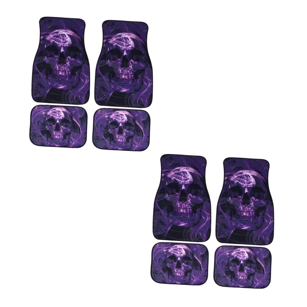8er Set Lila Schädel Fußmatten - Wasserdichte Autodekoration für Halloween mit Fußpolstern - Polyester Automatten für den Autoinnenraum - Violett
