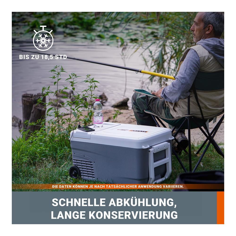 Kühlbox 23L für Unterwegs 18V (20V MAX) Mobile Kühlbox WX876 mit PowerShare 20V AC/DC-Anschluss -20℃-20℃ ideal für Baustelle Camping & Autofahrt – Zuggriff & Rad inklusive
