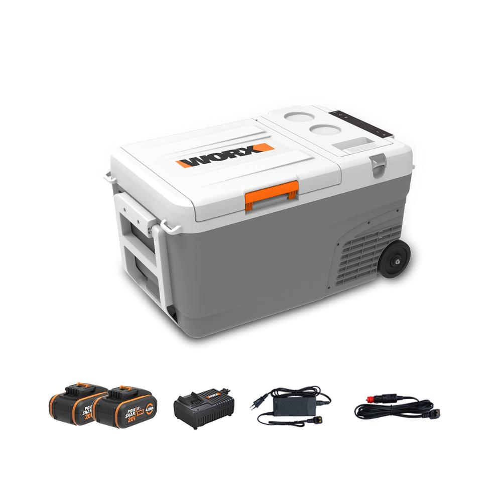 Kühlbox 23L für Unterwegs 18V (20V MAX) Mobile Kühlbox WX876 mit PowerShare 20V AC/DC-Anschluss -20℃-20℃ ideal für Baustelle Camping & Autofahrt – Zuggriff & Rad inklusive