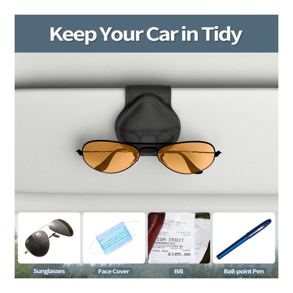 Auto Sonnenblende Brillenhalterung Set - Praktisches Zubehör für Sonnenblendenschutz - 2er Packung Sonnenbrillenhalter mit Kartenclip und Etui - Halterung und Organizer für Autofahrer - Schwarz