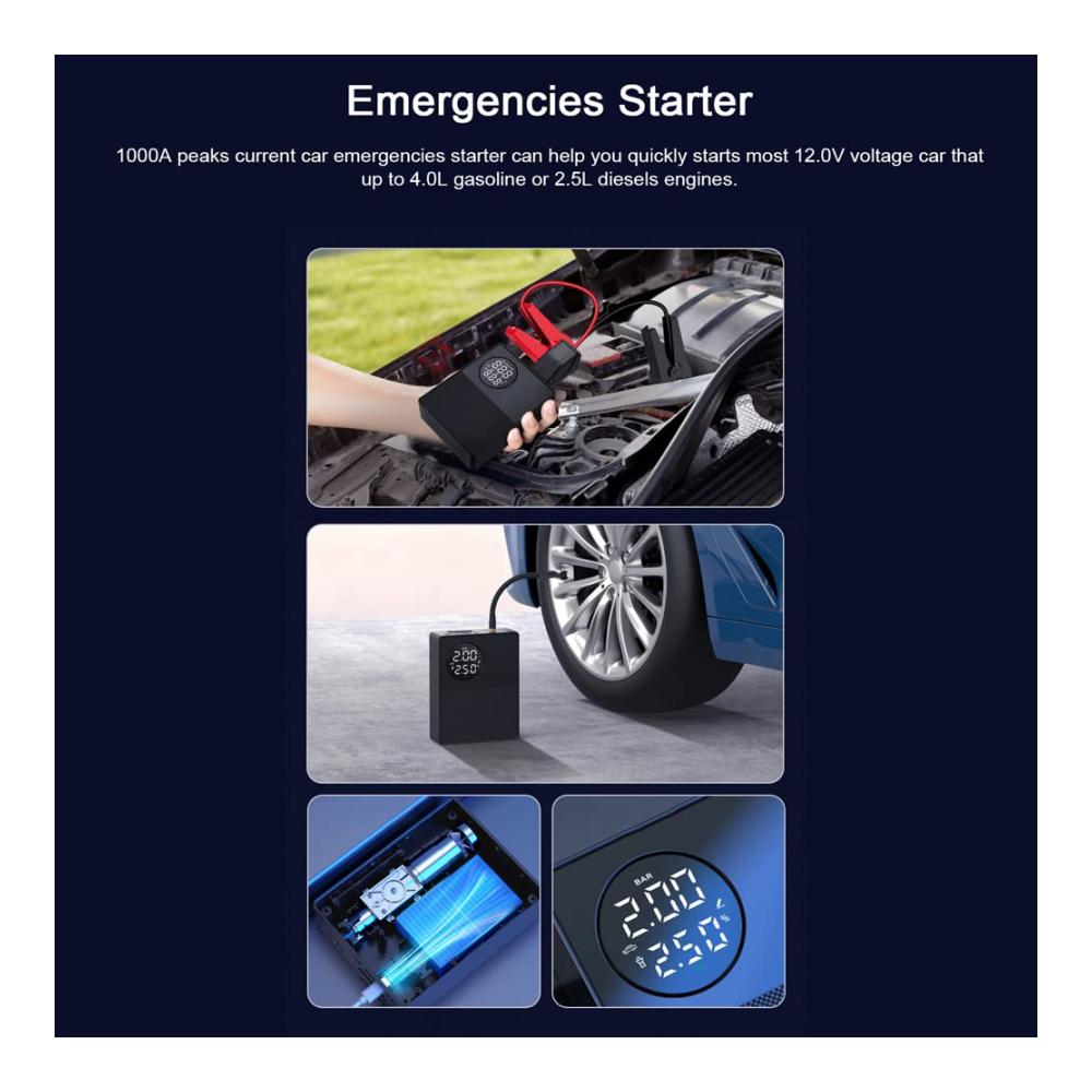 Starthilfe mit Luftkompressor 1000A Peaks Power Pack für Autobatterien LED-Licht Powerbank-Funktion 150 PSI digitaler Reifenfüller – Alles-in-einem Starthilfegerät für 40L Benzin oder 25L Dieselmotoren. Holen Sie sich Zuverlässigkeit und Vielseitigkeit jetzt