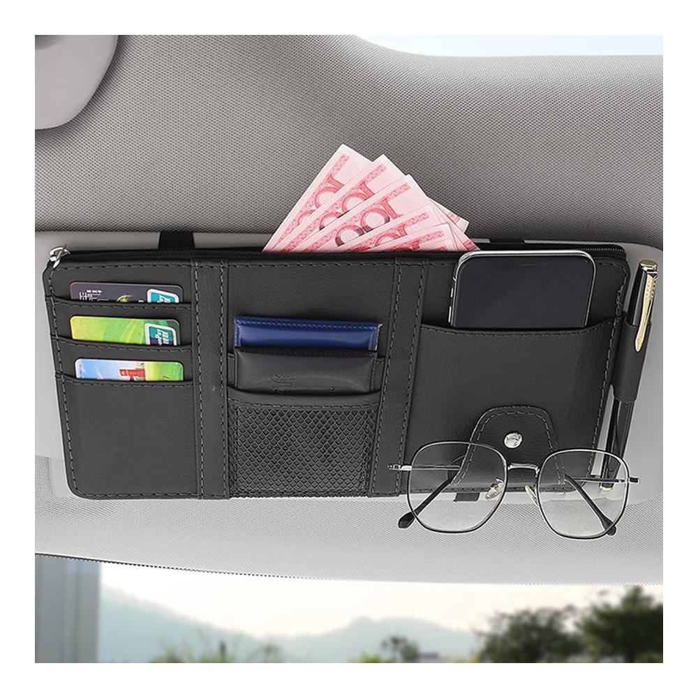 Premium Auto Sonnenblenden Organizer CD-Halter Sonnenbrillen- & Handyhalter aus hochwertigem PU-Leder mit Reißverschluss. Perfektes Auto Innenraum Zubehör für Ordnung und Komfort! (Schwarz