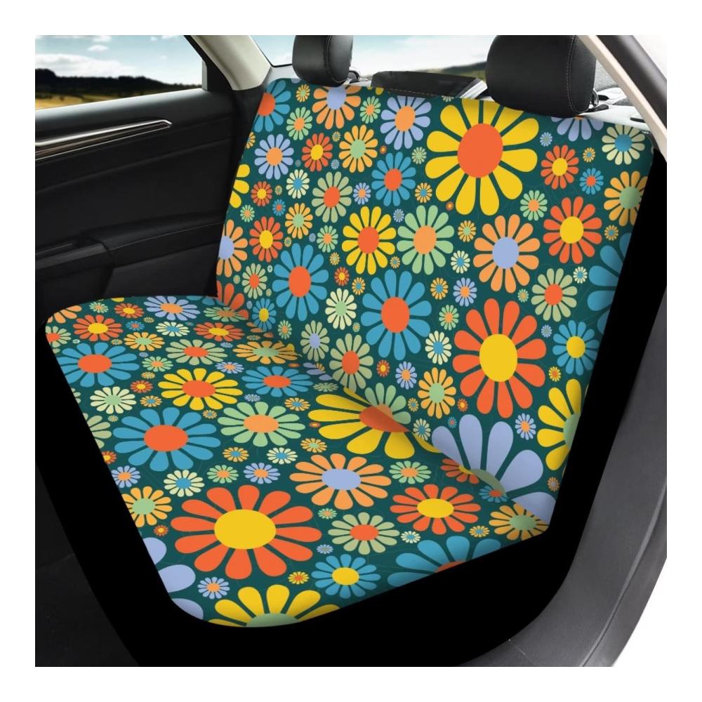 Schützen Sie Ihre Autositze mit Stil! Hippie-Blumenmuster Sitzbezügeset für Frauen - 4-teiliges Set bunte Blumen inklusive Kissen. Erfrischen Sie Ihr Auto jetzt
