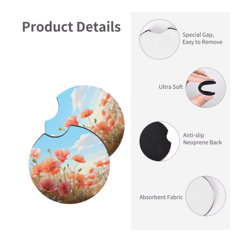 2er Set Getränkehalter fürs Auto | Pastell Mohnblumen Design | Wasserdicht & rutschfest | Langlebiges und stilvolles Zubehör | Praktische Auto-Untersetzer | Ideal für heiße und kalte Getränke