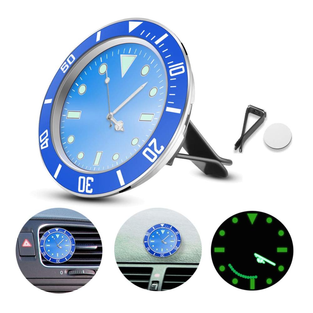 Auto Uhr 5 × 5cm | Quartz | Auto Luftventil | Leuchtend | Blau | Deko für Armaturenbrett | 3M Aufkleber | Nachtlicht | Einzelstück