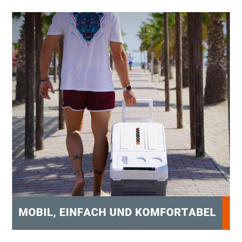 Kühlbox 23L für Unterwegs 18V (20V MAX) Mobile Kühlbox WX876 mit PowerShare 20V AC/DC-Anschluss -20℃-20℃ ideal für Baustelle Camping & Autofahrt – Zuggriff & Rad inklusive