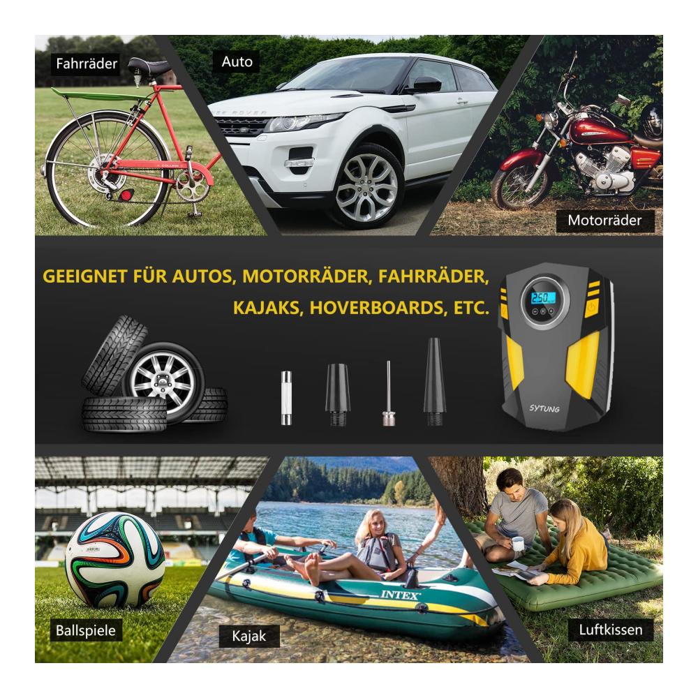 Hochleistungs-Reifendruckkompressor & Pumpe – Tragbare 12V Luftkompressor mit LED-Lichtern und 3 Adaptern für Autoreifen und Aufblasbares – Effizientes Aufpumpen für sicheres Fahren und Freizeitspaß