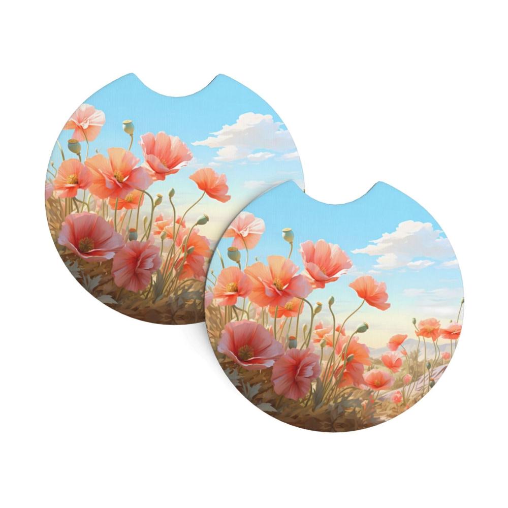 2er Set Getränkehalter fürs Auto | Pastell Mohnblumen Design | Wasserdicht & rutschfest | Langlebiges und stilvolles Zubehör | Praktische Auto-Untersetzer | Ideal für heiße und kalte Getränke